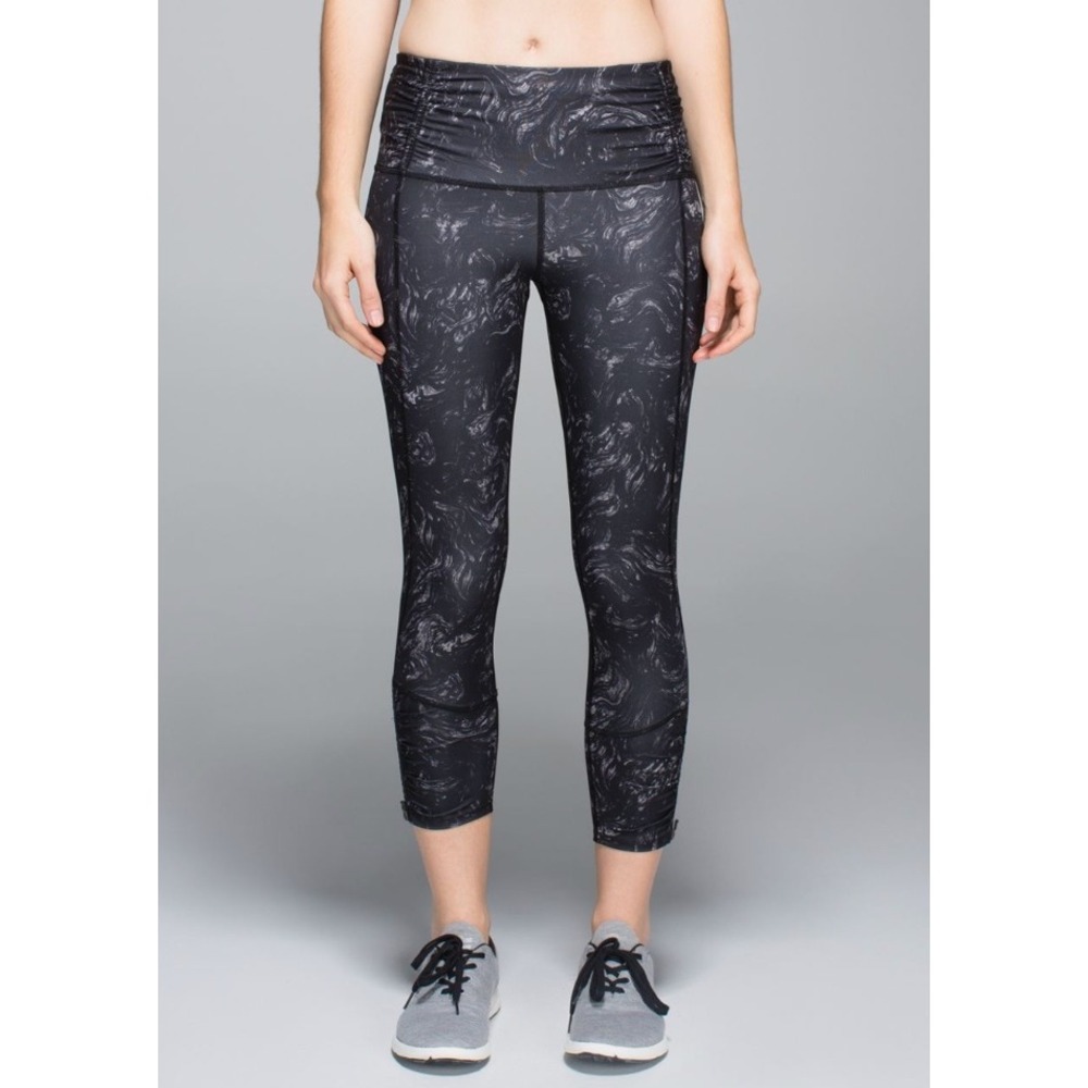 Lululemon Runday Crop Leggings Black White Marble Swirl Ruched Ankle Zip Pant, 8